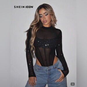 Black Sheer sparkly Long-Sleeve Bodysuit